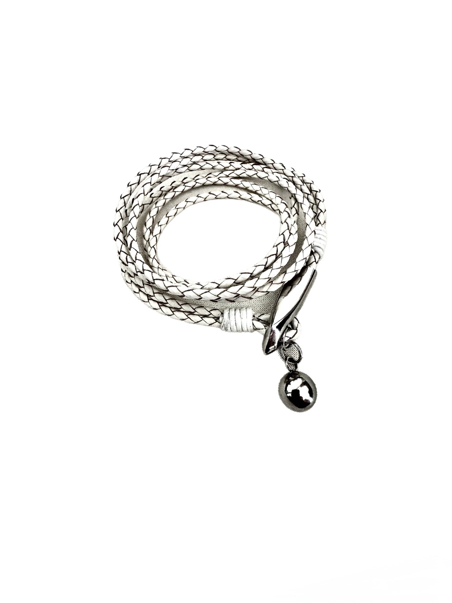White Braided Leather Wrap with Polished Metal Accents