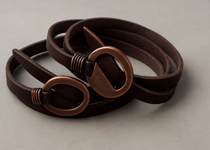 Brown leather multilayer wrap bracelet with bronze buckle 
