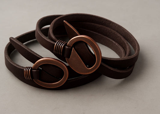 Brown leather multilayer wrap bracelet with bronze buckle 