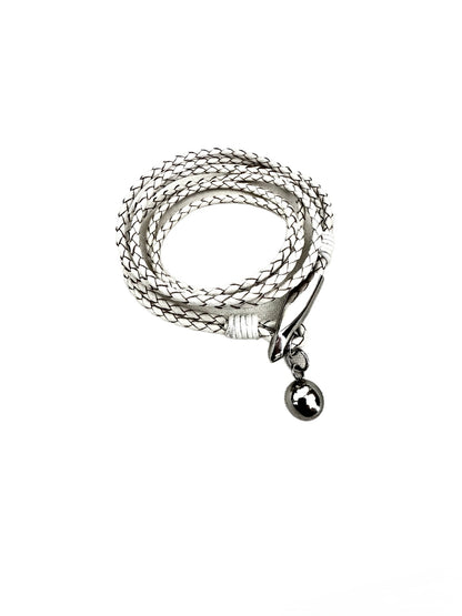 White Braided Leather Wrap with Polished Metal Accents