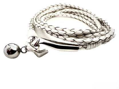 White Braided Leather Wrap with Polished Metal Accents