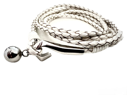 White Braided Leather Wrap with Polished Metal Accents