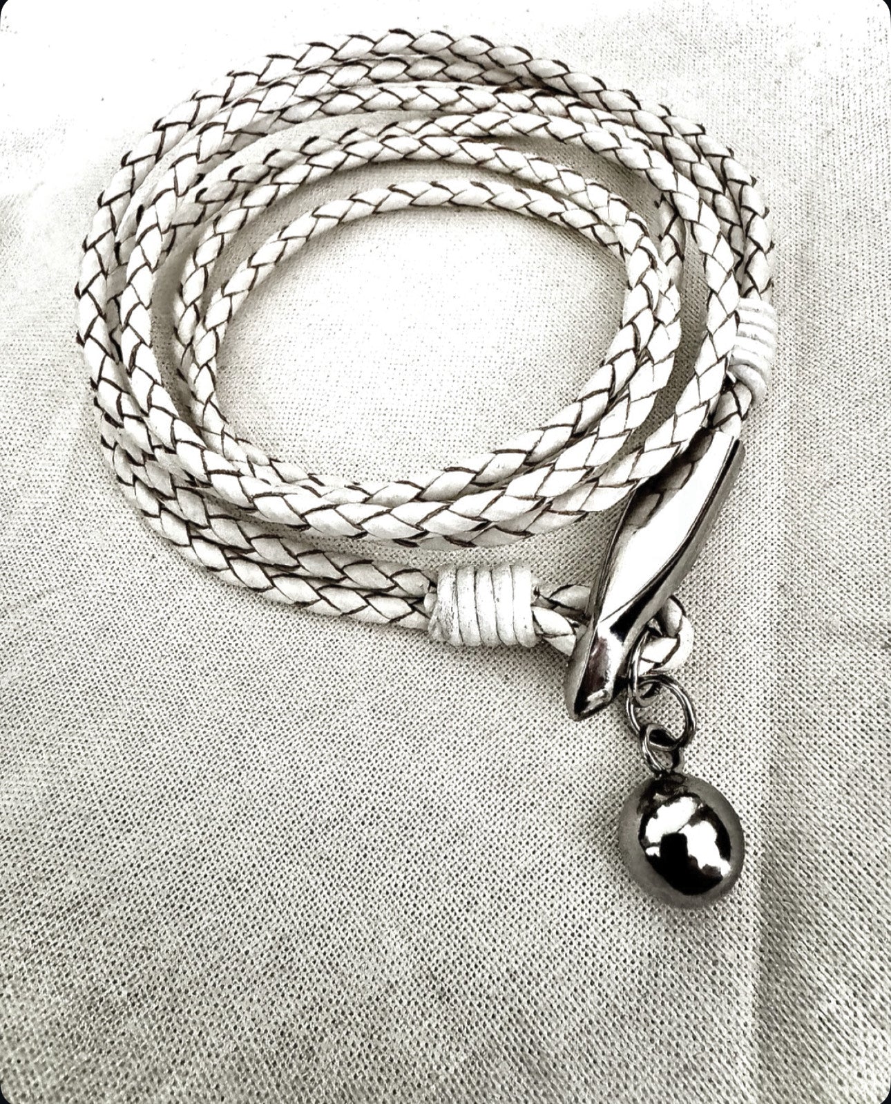 White Braided Leather Wrap with Polished Metal Accents