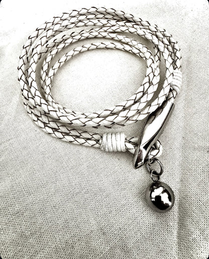 White Braided Leather Wrap with Polished Metal Accents