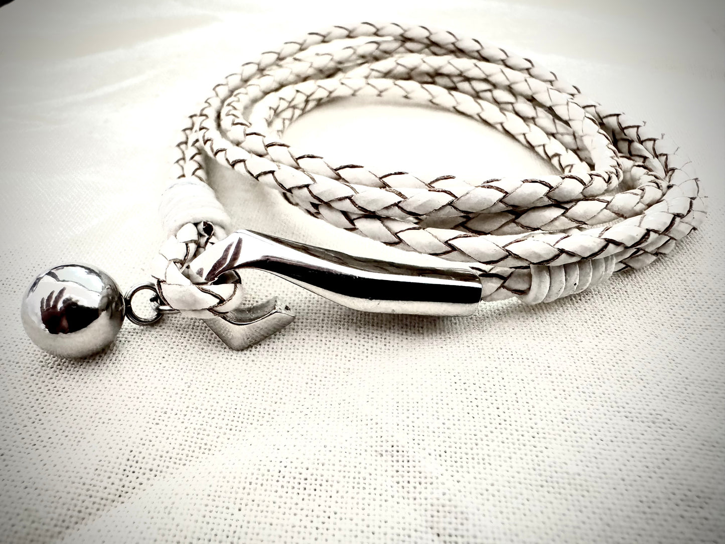 White Braided Leather Wrap with Polished Metal Accents