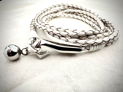 White Braided Leather Wrap with Polished Metal Accents