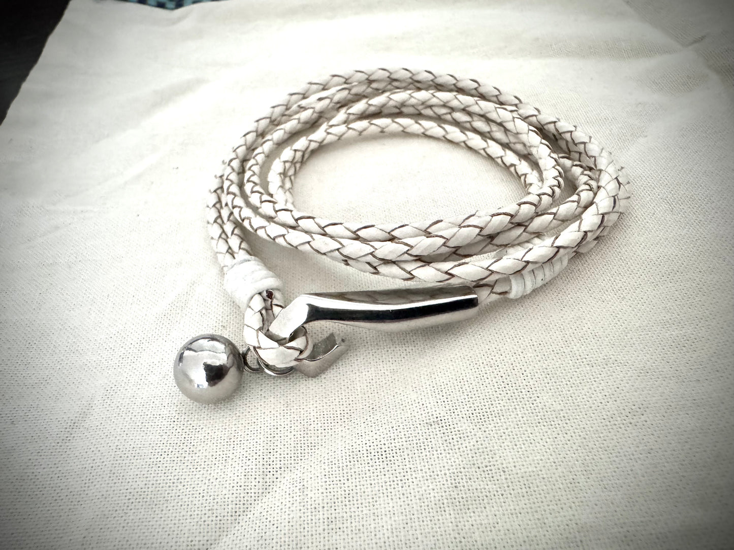 White Braided Leather Wrap with Polished Metal Accents