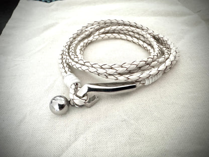 White Braided Leather Wrap with Polished Metal Accents
