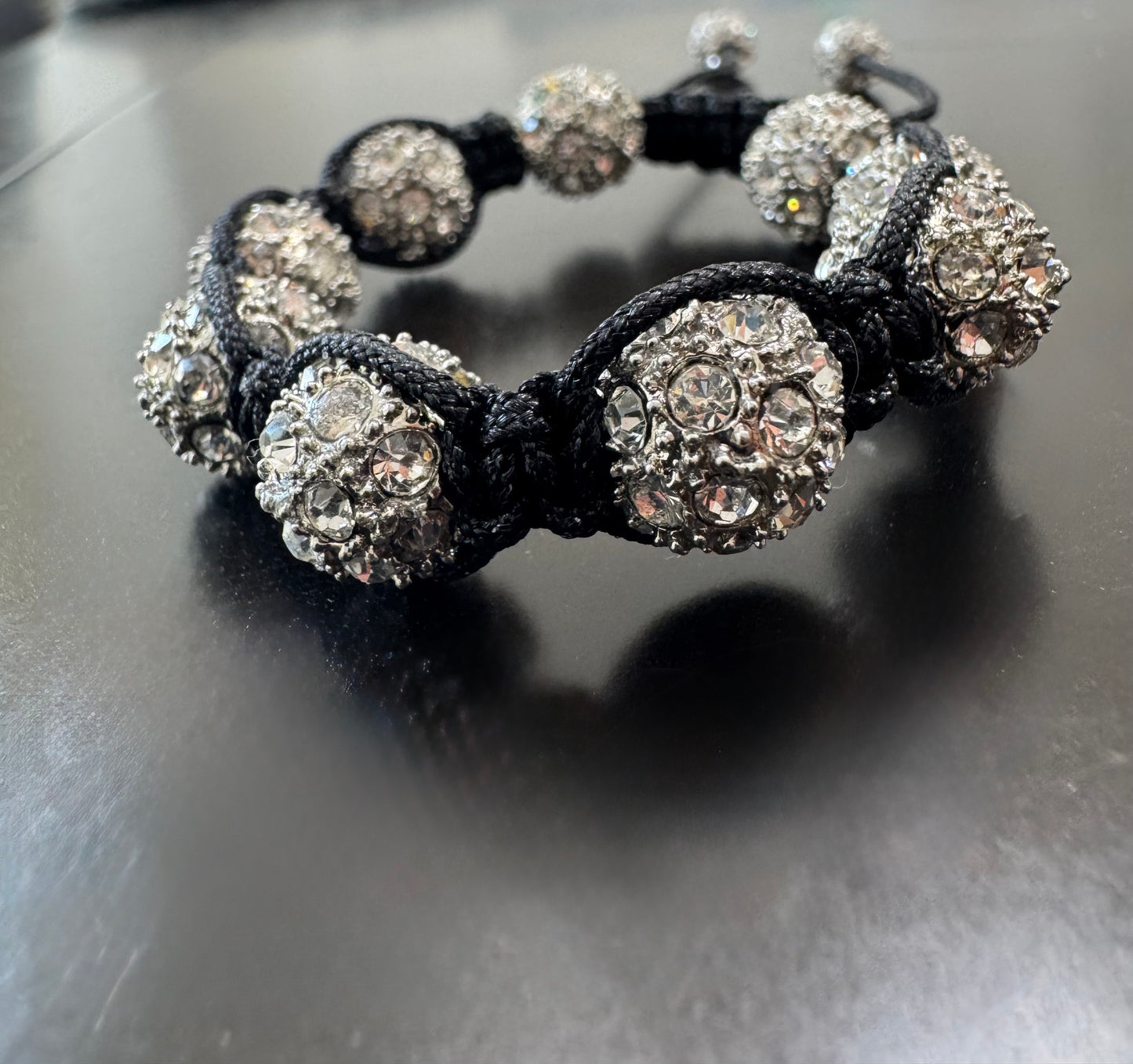 Black Cord & Crystal Disco Ball Shamballa Bracelet
