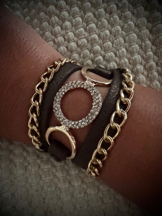 Rhinestone Circle & Chain Leather Wrap Bracelet